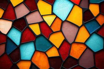 Colorful glass mosaic pattern background with black grout lines in abstract art