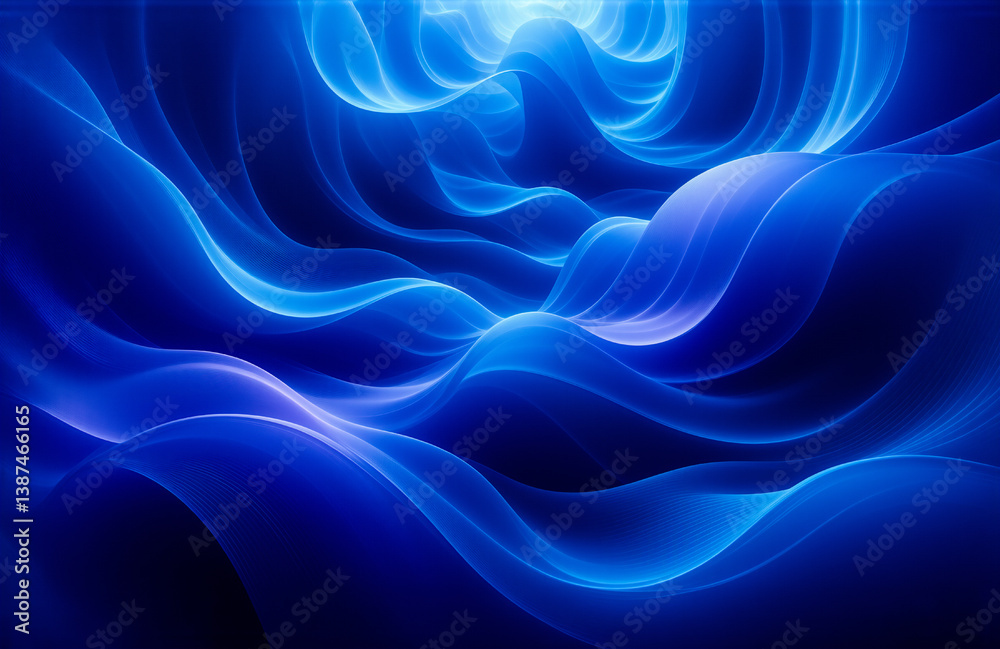 Poster Abstract image of luminous blue waves flowing smoothly. Gentle curves and soft light create a calming, fluid atmosphere in a digital style.