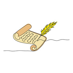 Continuous line drawing. Antique paper scroll and quill pen. Letter on old paper. Vector illustration isolated on white background.