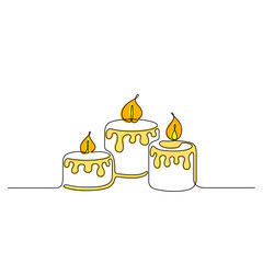 Continuous line drawing. Three burning candles of different sizes. Candle flame. Simple vector illustration isolated on white background.