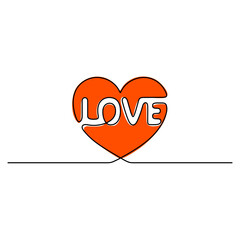 Continuous line drawing. Red heart with the inscription Love inside. Love sign. Simple vector illustration. Isolated on white background.