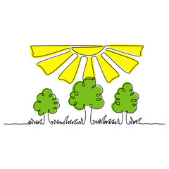 Continuous line drawing. Nature image. Trees under the sun. Simple color vector illustration.