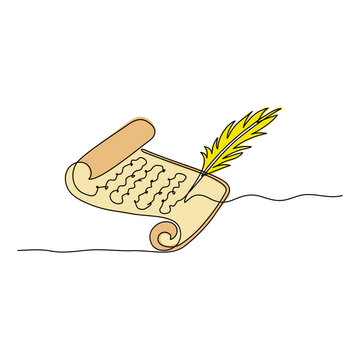 Continuous line drawing. Antique paper scroll and quill pen. Letter on old paper. Vector illustration isolated on white background.
