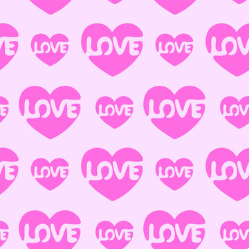 Pink heart with Love inscription inside. Seamless pattern. Love sign. Simple vector illustration.