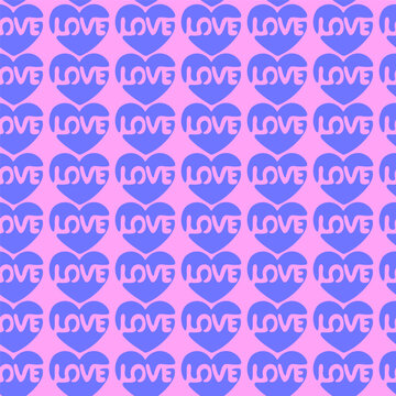 Blue heart with Love inscription inside. Seamless pattern. Love sign. Simple vector illustration.