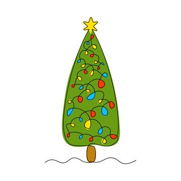 Continuous line drawing. Christmas tree with decorations. Coniferous tree with festive garland. Fir-tree of simple shape. Cartoon vector illustration. Isolated on white background.