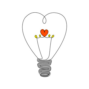 Continuous line drawing. Heart shaped light bulb. Love concept. Vector illustration isolated on white background.