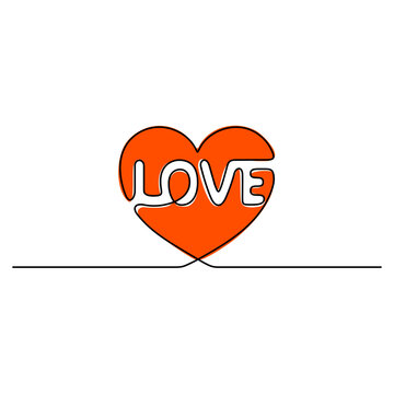 Continuous line drawing. Red heart with the inscription Love inside. Love sign. Simple vector illustration. Isolated on white background.