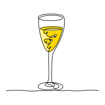 Continuous line drawing. Glass with drink. Champagne in a glass on a high stem. Elegant wine goblet. Simple vector illustration on a white background.