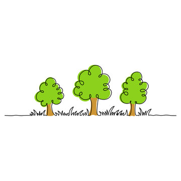Continuous line drawing. Nature image. Silhouette of grass and trees. Simple color vector illustration isolated on white background. 