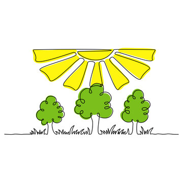 Continuous line drawing. Nature image. Trees under the sun. Simple color vector illustration.