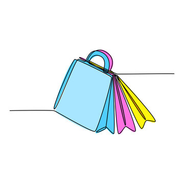 Continuous line drawing. Three bright paper shopping bags. Simple vector illustration isolated on white background.