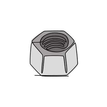 Continuous line drawing. Female screw. Nut. Simple color vector illustration isolated on white background.