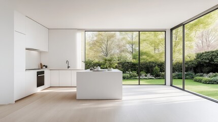 A minimalist kitchen features a white island and sleek cabinetry. Large windows showcase a verdant garden. The image is high-quality with bright, natural lighting. The style is modern and clean. W