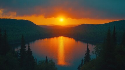 Fototapeta premium Majestic sunset over tranquil lake nestled in a valley