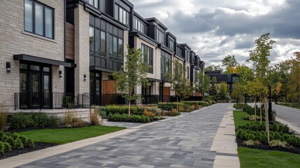 Fototapeta premium Front yard of modern townhouse with stone path and trimmed plants.