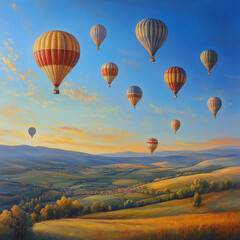 Fototapeta premium Hot air balloons soaring over golden fields at sunset 