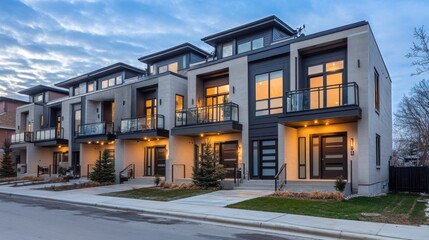 High-end townhouse with open glass railings and light concrete elements.