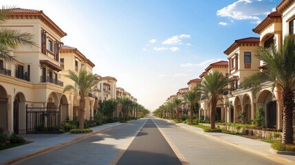 Naklejka premium Horizontal photo of luxury townhouses lined up under a sunny sky.