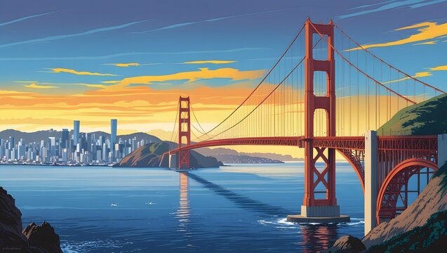 Golden Gate Bridge Radiating Elegance Amidst San Francisco's Scenic Sunset Glow - Powered by Adobe