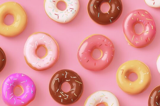 A seamless pattern of colorful donuts with sprinkles on a pink background, flat lay, top view. National Donut Day.