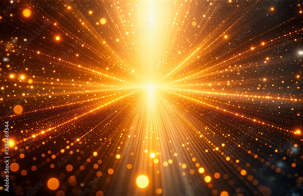 Aufkleber A burst of golden light radiates outward from a central point, creating a dynamic and energetic scene with bokeh lights and glowing lines.