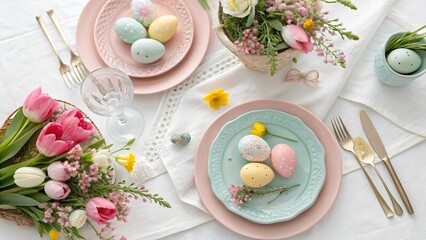 Festive Easter Table Setting with Pastel Eggs and Spring Flowers Elegant Holiday Brunch Decor