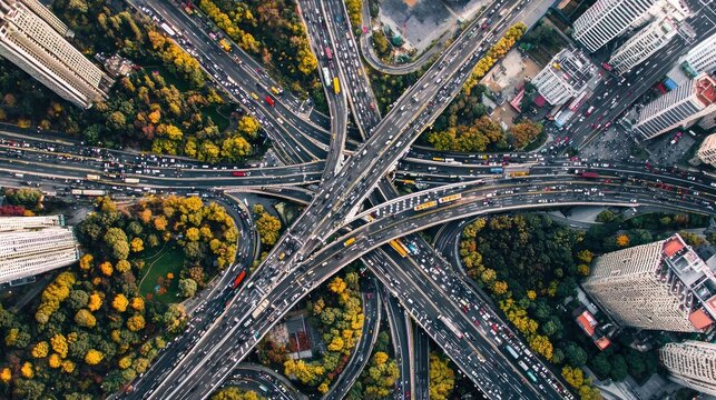 Aerial View of a Complex Highway Interchange in a City