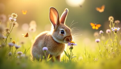 Fototapeta premium Adorable Baby Bunny Rabbit in a Sunny Spring Meadow with Wildflowers and Butterflies
