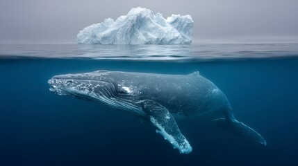 Fototapeta premium Humpback whale underwater near iceberg, split view showing both above and below the waterline. Deep blue ocean, white iceberg.