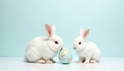 Obraz premium Two Adorable White Rabbits Investigating a Decorated Easter Egg on a Light Blue Background