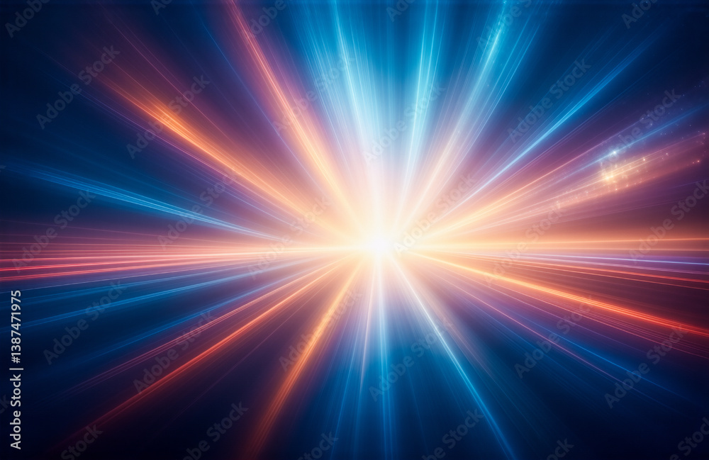 Aufkleber Dynamic abstract image of blue and orange light rays bursting outwards from a central point, creating a sense of energy and motion.