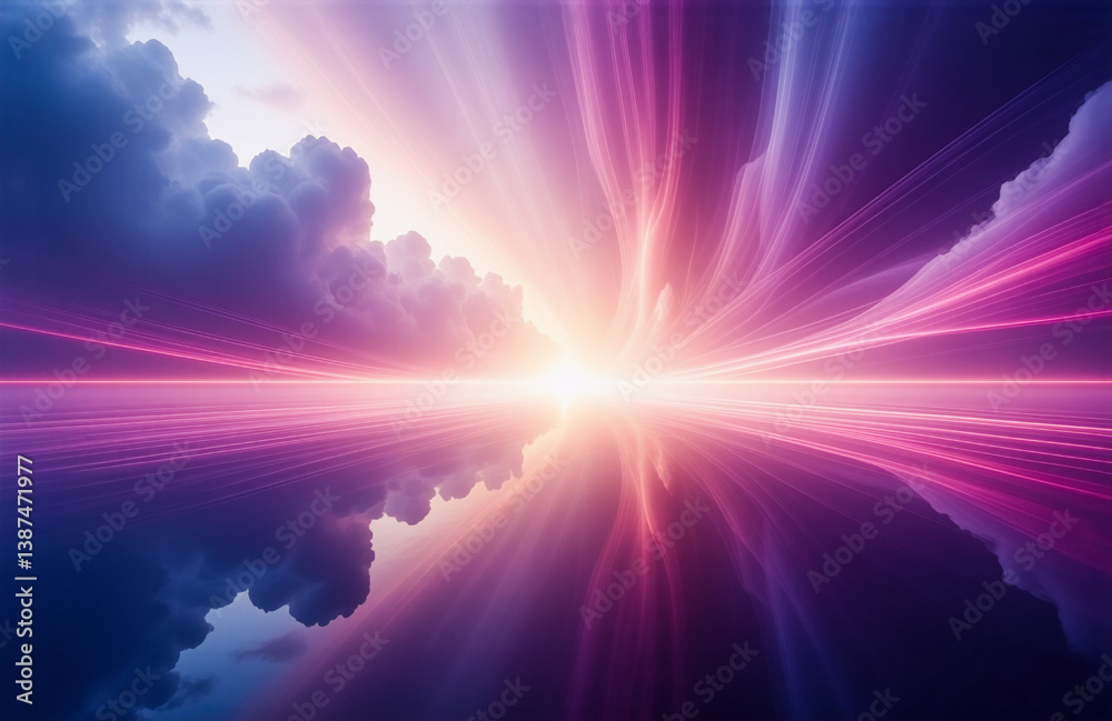Aufkleber a vibrant sunset with pink and purple light rays piercing through the clouds, reflected in water, cr