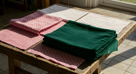 Stacked Fabric Swatches On Wooden Table Under Sunlight