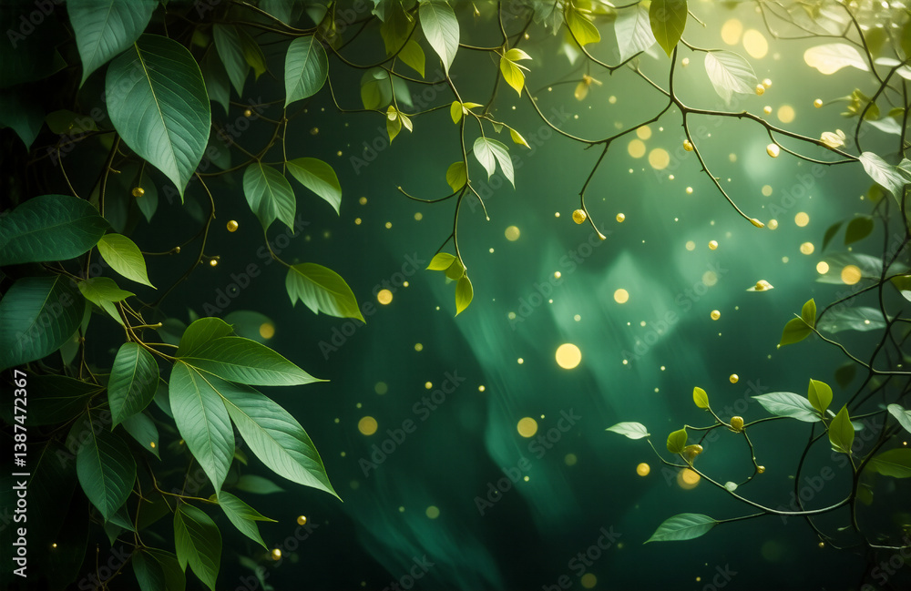 Poster lush green leaves frame a softly blurred, dark background speckled with glowing bokeh lights, creati