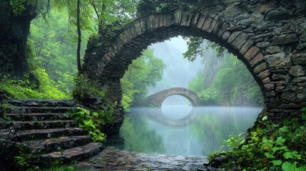 Enchanted Stone Bridge Archway: A Mystical Lake Scene