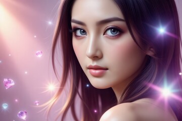 Portrait of Beautiful Asian Woman with Flawless Skin and Sparkling Light Effects, Beauty and Fashion Concept