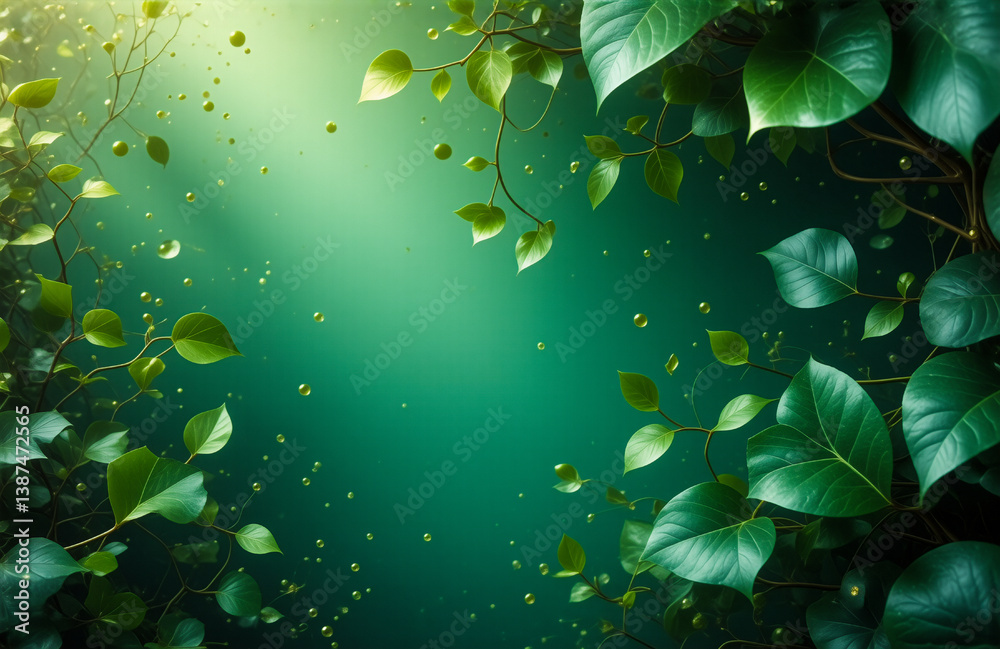 Poster vibrant green leaves create a lush frame around a deep emerald green backdrop. soft sunlight filters