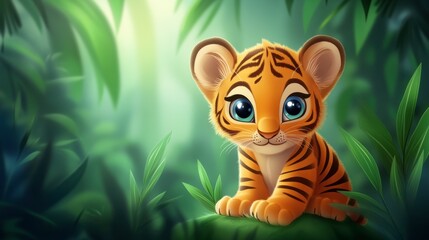Fototapeta premium One cartoon tiger cub figure with stripes and bright eyes on a jungle background.