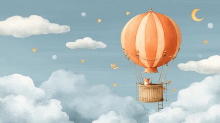 Fototapeta premium Whimsical illustration of a hot air balloon carrying a fox against a pastel sky filled with stars and clouds.
