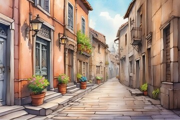 City street in warm colors. Color sketch.