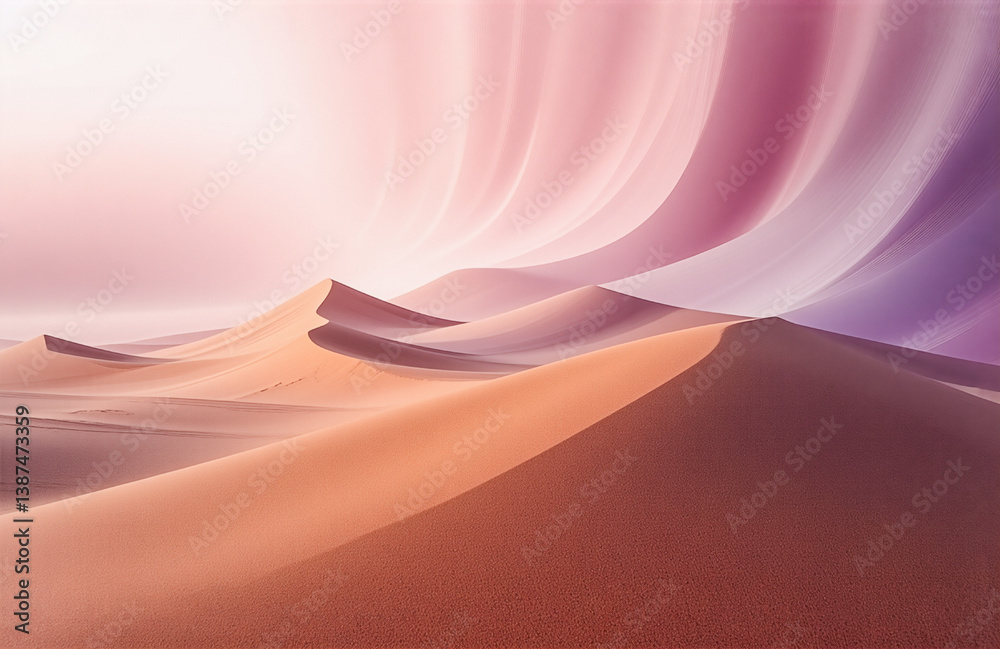 Poster gentle pastel colors flow across soft sand dunes, creating a dreamy and abstract desert landscape wi
