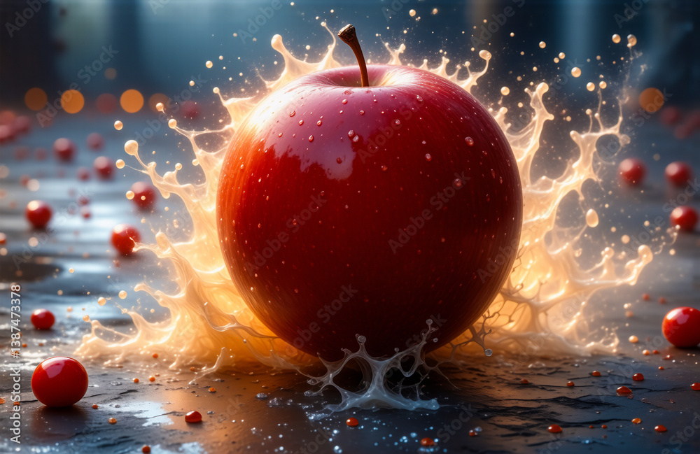 Poster A ripe red apple sits amidst a dynamic splash of liquid, creating a refreshing scene.  Smaller apples are scattered adding depth with bokeh lights in the background.