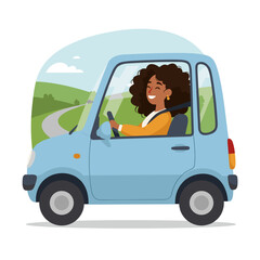 Woman smiling while driving a blue car on a scenic road  