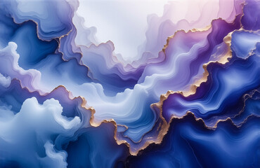 Obraz premium An abstract artwork featuring flowing textures in shades of blue, purple, and pink, accented with gold. The design evokes a sense of dreamy fluidity, resembling clouds or liquid art.