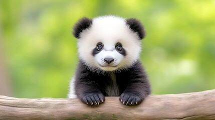 Adorable baby panda cub, innocent gaze, perched on log. Lush green background