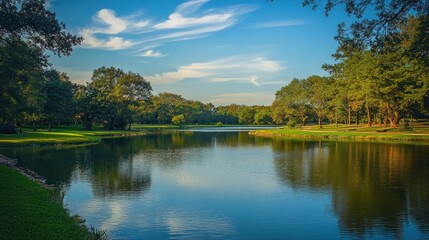 Obraz premium Serene Lakeside Park: A Tranquil Escape in Nature's Embrace