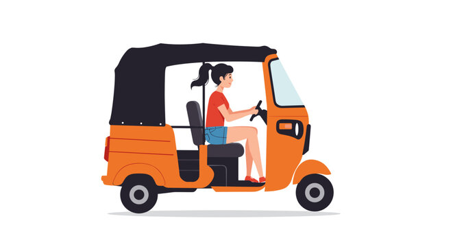Young woman driving an orange auto rickshaw in a city backdrop  