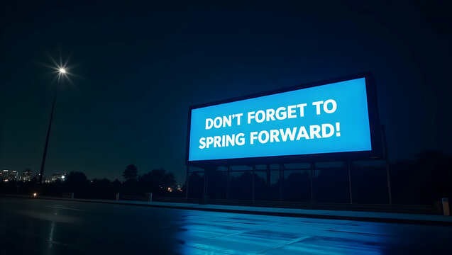 Sleek Digital Billboard Illuminates the Night, A Reminder to Spring Forward in a Cinematic Ambiance with a Cityscape Silhouette on the Horizon for Seasonal Time Change - Powered by Adobe