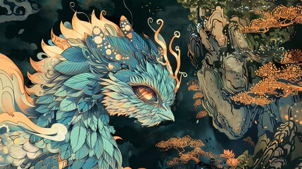 A majestic phoenix with teal and green feathers and a golden crest perches in a dark forest.